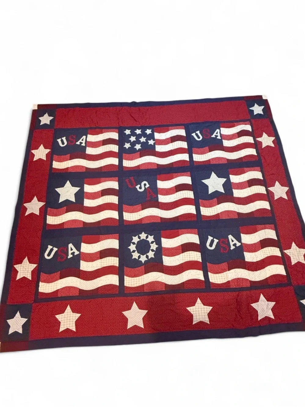 Handmade Patchwork American Flag Quilt 105x92 USA Red White Blue July 4th Throw